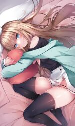 Rule 34 | 1girl, absurdres, aqua jacket, bed, bed sheet, black shirt, black thighhighs, blue eyes, blush, bow, bow hairband, brown hair, closed mouth, clothing cutout, commentary, eyes visible through hair, floating hair, from above, hair bow, hairband, heart, heart-shaped pillow, highres, indie virtual youtuber, jacket, kana616, long hair, long sleeves, looking at viewer, lying, multicolored clothes, multicolored skirt, neckerchief, no shoes, hugging object, off shoulder, on bed, on side, pillow, pink neckerchief, pink skirt, pleated skirt, shirt, shoulder cutout, skindentation, skirt, smile, solo, spanish commentary, sparkling eyes, star (symbol), thighhighs, thighs, very long hair, virtual youtuber, white bow, white skirt, yuniepix (vtuber)