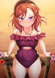 Rule 34 | 1girl, against railing, arm support, black headband, blush, bracelet, breasts, collarbone, commentary, cowboy shot, frown, headband, highres, jewelry, lens flare, love live!, love live! school idol festival, love live! school idol project, medium breasts, medium hair, midriff, midriff peek, nishikino maki, nose blush, official alternate costume, one-piece swimsuit, pendant, purple eyes, railing, red hair, red one-piece swimsuit, sand, see-through bow, shy, sideways glance, solo, sparkle, standing, swimsuit, thighs, tsurime, unsfrau, wooden railing
