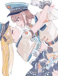 Rule 34 | 2girls, bang dream!, belt, belt pouch, black bow, blonde hair, blue shirt, bow, brown hair, closed mouth, commentary request, cuffs, fresa pie, gloves, grey eyes, grey jacket, hand on another&#039;s waist, handcuffs, heart, highres, jacket, long hair, long sleeves, medium hair, multiple girls, okusawa misaki, pouch, shared handcuffs, shirt, short sleeves, simple background, skirt, smile, striped clothes, striped shirt, sweat, tsurumaki kokoro, twintails, white background, white gloves, white jacket, yuri