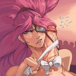 Rule 34 | 1boy, 1girl, angry, baiken, boxman, bridget (guilty gear), commentary, defeat, guilty gear, highres, huge penis, imminent fellatio, imminent penetration, lipstick mark, makeup, penis, penis on face, penis ribbon, pov, ribbon, saliva, smoxul, trap, wet