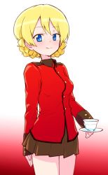 Rule 34 | 1girl, black skirt, blonde hair, blue eyes, braid, closed mouth, commentary, cowboy shot, cup, darjeeling (girls und panzer), girls und panzer, gradient background, holding, holding saucer, jacket, long sleeves, looking at viewer, military, military uniform, miniskirt, monolith (suibou souko), pleated skirt, red background, red jacket, saucer, short hair, skirt, smile, solo, st. gloriana&#039;s military uniform, standing, teacup, twin braids, uniform