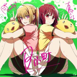 Rule 34 | 2girls, 4b-enpitsu, arima kana, bike shorts, bird mask, black shorts, blonde hair, blush, character name, character signature, choppy bangs, chromatic aberration, cropped shirt, feet out of frame, film grain, food print, green background, highres, holding, hoshino ruby, knees to chest, long hair, looking at viewer, mask, medium hair, mismatched pupils, multiple girls, nose blush, one side up, oshi no ko, parted lips, pieyon, pink eyes, pink shirt, pleated skirt, red eyes, red hair, shirt, short sleeves, shorts, shorts under skirt, sidelocks, signature, sitting, skirt, smile, star-shaped pupils, star (symbol), strawberry print, sweat, symbol-shaped pupils, teeth, upper teeth only, v, waving, white skirt, yellow shirt