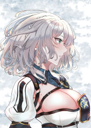 Rule 34 | 1girl, armor, belt, black belt, braid, breasts, cleavage, commentary request, facing to the side, from side, green eyes, grey hair, highres, hololive, large breasts, light blush, mole, mole on breast, oursong (kiam pis), parted lips, shirogane noel, shirogane noel (1st costume), short hair, solo, upper body, virtual youtuber