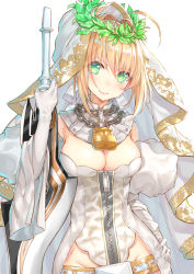 Rule 34 | &gt;:), 10s, 1girl, aestus estus, bad id, bad pixiv id, belt, blonde hair, blush, bridal veil, c:, chain, closed mouth, cowboy shot, detached collar, fate/extra, fate/extra ccc, fate/grand order, fate (series), green eyes, hair between eyes, hair intakes, hakuishi aoi, leotard, lock, looking at viewer, nero claudius (bride) (fate), nero claudius (bride) (third ascension) (fate), nero claudius (fate), nero claudius (fate) (all), sidelocks, simple background, smile, solo, tsurime, v-shaped eyebrows, veil, white background, white leotard, zipper