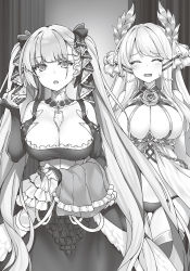 Rule 34 | 2girls, ^ ^, azur lane, blunt bangs, breasts, cleavage, closed eyes, ear piercing, facing viewer, formidable (azur lane), greyscale, highres, large breasts, long hair, looking at viewer, monochrome, multiple girls, nervous smile, novel illustration, official art, open mouth, parted lips, piercing, raiou, smile, sweatdrop, twintails, very long hair, victorious (azur lane)