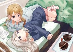 Rule 34 | 2girls, asymmetrical bangs, bed, blanket, bowl, braid, braided bangs, commentary request, cover, cover page, eye contact, grey hair, hand on own cheek, hand on own face, head rest, highres, hisakawa nagi, idolmaster, idolmaster cinderella girls, indoors, light brown hair, looking at another, lying, morikubo nono, multiple girls, on bed, on side, on stomach, pajamas, print pajamas, shisui (5830217), smile, tray