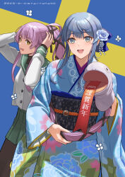 2girls bead_bracelet beads blue_eyes blue_flower blue_hair blue_kimono bracelet brown_eyes chinese_zodiac floral_print floral_print_kimono flower gotland_(kancolle) green_skirt hair_between_eyes hair_flaps hair_flower hair_ornament hand_puppet japanese_clothes jewelry kantai_collection kimono long_hair long_sleeves looking_at_viewer miniskirt mole mole_under_eye multiple_girls nengajou new_year obi pink_hair pleated_skirt ponytail puppet sash skirt smile swedish_flag tantaka very_long_hair wide_sleeves year_of_the_snake yura_(kancolle)