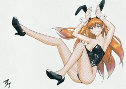 Rule 34 | 1girl, :3, alternate costume, animal ears, armpits, arms up, ass, bare arms, bare shoulders, black footwear, black high heels, black leotard, blue eyes, breasts, breasts apart, closed mouth, eyebrows hidden by hair, fake animal ears, fake tail, fishnet pantyhose, fishnets, full body, hair between eyes, high heels, highleg, highleg leotard, highres, illust aqua, interface headset, knee up, leg up, legs, leotard, long hair, looking at viewer, medium breasts, neck, neon genesis evangelion, orange hair, pantyhose, playboy bunny, rabbit ears, rabbit pose, rabbit tail, shiny clothes, shiny skin, simple background, sitting, solo, souryuu asuka langley, strapless, strapless leotard, tail, very long hair, white background, wrist cuffs