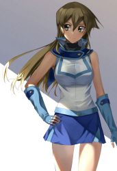 Rule 34 | 1girl, blue gloves, blue sailor collar, blue skirt, blush, breasts, brown eyes, brown hair, closed mouth, cowboy shot, duel academy uniform (yu-gi-oh! gx), elbow gloves, fingerless gloves, floating hair, gloves, grey background, hair between eyes, hand on own hip, highres, jacket, long hair, looking to the side, medium breasts, miniskirt, rourou ill, sailor collar, skirt, sleeveless, sleeveless jacket, smile, solo, standing, tenjouin asuka, two-tone background, very long hair, white background, white jacket, yu-gi-oh!, yu-gi-oh! gx