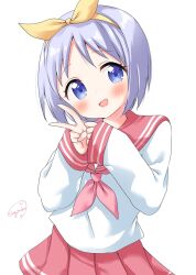 Rule 34 | 1girl, :d, artist name, blue eyes, blush, bow, clenched hand, hair bow, hairband, hands up, head tilt, highres, hiiragi tsukasa, light purple hair, long sleeves, looking at viewer, lucky star, neckerchief, open mouth, own hands together, pleated skirt, red neckerchief, red sailor collar, red skirt, sailor collar, school uniform, serafuku, shirt, short hair, skirt, sleeves past wrists, smile, solo, sugutsuka rerun, tongue, v, white background, white shirt, yellow hairband