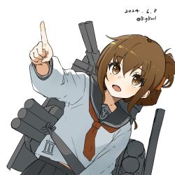 Rule 34 | 1girl, absurdres, anchor symbol, bigkwl, black sailor collar, black skirt, brown eyes, brown hair, cannon, folded ponytail, highres, inazuma (kancolle), index finger raised, kantai collection, leaning to the side, long hair, long sleeves, machinery, neckerchief, pleated skirt, red neckerchief, sailor collar, shirt, simple background, skirt, solo, upper body, white background, white shirt