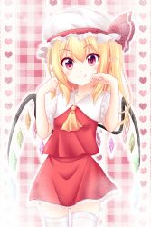 Rule 34 | 1girl, :q, arms up, ascot, blonde hair, blush, border, checkered background, cowboy shot, flandre scarlet, hat, hat ribbon, heart, highres, looking at viewer, miniskirt, mob cap, pointy ears, puffy short sleeves, puffy sleeves, red eyes, reimei (r758120518), ribbon, short hair, short sleeves, side ponytail, skirt, skirt set, smile, solo, thighhighs, tongue, tongue out, touhou, white thighhighs, wings, zettai ryouiki