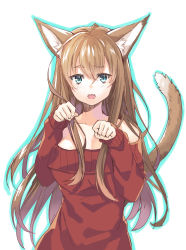 Rule 34 | 10s, 1girl, absurdres, animal ears, bare shoulders, blush, breasts, brown hair, cat ears, cat tail, colored eyelashes, eyebrows, fang, final fantasy, final fantasy xiv, highres, kurasawa moko, long hair, long sleeves, looking at viewer, miqo&#039;te, off shoulder, open mouth, paw pose, sketch, solo, sweater, tail, upper body, warrior of light (ff14), white background