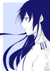 Rule 34 | 10s, 1girl, black hair, blue background, commentary request, epaulettes, female admiral (kancolle), female focus, from side, highres, kantai collection, limited palette, long hair, military, military uniform, monochrome, niwatazumi, sidelocks, sketch, solo, tatebayashi sakurako, uniform, upper body, wind