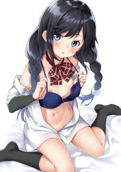 Rule 34 | 1girl, alternate hairstyle, arm warmers, asashio (kancolle), black hair, black socks, blue bra, blue eyes, blush, bra, bra pull, braid, breasts, clothes pull, collared shirt, commentary request, cosplay, ebifurya, from above, full body, groin, hair over shoulder, highres, kantai collection, kneehighs, long hair, minegumo (kancolle), minegumo (kancolle) (cosplay), navel, nipples, no panties, oversized clothes, shirt, short sleeves, sidelocks, sitting, small breasts, socks, solo, swept bangs, thighs, twin braids, twintails, underwear, white background, white shirt