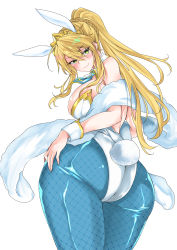 Rule 34 | 1girl, animal ears, artoria pendragon (all), artoria pendragon (fate), artoria pendragon (swimsuit ruler) (fate), ass, back, blonde hair, blue pantyhose, blush, braid, breasts, fake animal ears, fate/grand order, fate (series), fishnet pantyhose, fishnets, green eyes, kirekawa (lovelyplace), large breasts, leotard, pantyhose, playboy bunny, ponytail, rabbit ears, rabbit tail, simple background, smile, solo, tail, white background, wrist cuffs