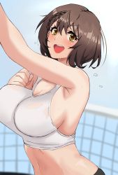 Rule 34 | 1girl, :o, arm up, armpits, azur lane, baltimore (azur lane), baltimore (black ace) (azur lane), bare shoulders, black shorts, blush, braid, breasts, brown eyes, brown hair, cleavage, clenched hand, crop top, hair between eyes, highres, large breasts, neinlol, open mouth, outdoors, short hair, shorts, side braid, sideboob, sports bra, stomach, tennis net, white sports bra