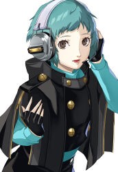 Rule 34 | 1girl, absurdres, aqua hair, aqua sweater, black gloves, brown hair, fingerless gloves, gloves, hand on headset, headset, highres, looking at viewer, lower teeth only, persona, persona 3, persona 3 reload, pertex 777, short hair, solo, sweater, teeth, upper body, very short hair, white background, yamagishi fuuka