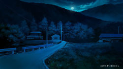 Rule 34 | blue theme, building, cloud, commission, copyright request, full moon, grass, highres, kyarage (soda), moon, night, power lines, road, scenery, tree, watermark