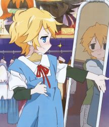 Rule 34 | 1girl, androgynous, blonde hair, blue eyes, clothes hanger, clothes in front, cosplay, covering privates, lucky star, mirror, neon genesis evangelion, non-web source, patricia martin, reflection, school uniform, shop, shopping, short hair, solo, tokyo-3 middle school uniform