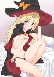 Rule 34 | 1girl, black panties, blonde hair, blue eyes, blush, bow, breasts, cape, closed mouth, commentary request, covering breasts, covering privates, elf, halloween, hat, hat bow, heart, heart-shaped pupils, highres, indoors, iris (takunomi), long hair, looking at viewer, navel, on bed, original, panties, pointy ears, side-tie panties, sitting, small breasts, smile, solo, symbol-shaped pupils, takunomi, topless, underwear, underwear only, witch hat