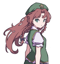Rule 34 | 1girl, absurdres, beret, braid, chinese clothes, from behind, green eyes, green vest, hat, hat ornament, highres, hong meiling, kame (kamepan44231), long hair, one-hour drawing challenge, puffy short sleeves, puffy sleeves, red hair, shirt, short sleeves, simple background, solo, star (symbol), star hat ornament, touhou, twin braids, vest, white background, white shirt