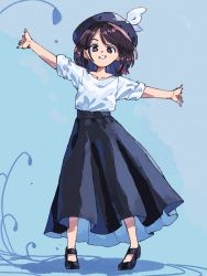 Rule 34 | 1girl, black footwear, black hat, black skirt, blue background, bow, brown eyes, brown hair, full body, grin, hair bow, hat, looking at viewer, nama udon, outstretched arms, red bow, shirt, shoes, skirt, smile, solo, spread arms, touhou, usami renko, white shirt