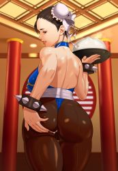 Rule 34 | 1girl, absurdres, anus, ass, ass grab, back, backboob, bare shoulders, black eyes, black hair, bracelet, breasts, capcom, chinese clothes, chun-li, cleft of venus, clenched teeth, cowboy shot, cum, cum in ass, cum in clothes, double bun, from behind, groin, highres, holding, indoors, jewelry, large breasts, legs, leotard, looking back, makeup, naughty face, pantyhose, parted lips, pussy, shiory, sleeveless, smile, solo, spiked bracelet, spikes, standing, street fighter, teeth, thigh gap, thighs, tray, uncensored