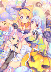 Rule 34 | 3girls, bandages, black gloves, black socks, blonde hair, blue eyes, breasts, candy, cleavage, cookie, ech, food, gloves, hair ribbon, halloween, halloween costume, hat, highres, jack-o&#039;-lantern, kneehighs, licking lips, multiple girls, nail polish, original, pillow, pink eyes, pink hair, ribbon, smile, socks, star (symbol), tongue, tongue out, twintails, witch hat