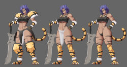 Rule 34 | 1girl, animal ears, armor, barbarian, blue hair, breasts, character sheet, claws, collarbone, commentary request, dark-skinned female, dark skin, eyepatch, facial mark, faulds, forehead mark, fur trim, grey background, hand on hilt, hand on own hip, highres, knee pads, large breasts, loincloth, mr. metabo, muscular, muscular female, navel, planted, planted sword, planted weapon, shia kahn, shoulder armor, slit pupils, smile, standing, sword, tail, tiger girl, tiger stripes, tiger tail, varvarion, warrior, weapon, yellow eyes