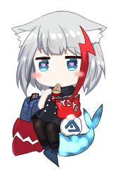 Rule 34 | 1girl, admiral graf spee (azur lane), admiral graf spee (girl&#039;s sunday) (azur lane), animal ears, azur lane, bag, bailingxiao jiu, black dress, black footwear, black pantyhose, blue eyes, blush, cat ears, collared dress, dress, food in mouth, heart, heart-shaped pupils, holding, kemonomimi mode, long hair, looking at viewer, mouth hold, multicolored hair, necktie, pantyhose, red hair, red necktie, school bag, short sleeves, silver hair, sitting, solo, streaked hair, symbol-shaped pupils
