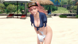 Rule 34 | 1girl, 3d, beach, breasts, dead or alive, dead or alive 5, highres, honoka (doa), large breasts, midriff, official art, official wallpaper, pink hair, solo, tecmo, wallpaper