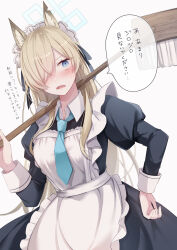 Rule 34 | 1girl, absurdres, animal ears, apron, blonde hair, blue archive, blue eyes, blush, fang, hair over one eye, highres, holding, holding mop, kanna (blue archive), long hair, maid, maid apron, maid headdress, mochimori kusunoki, mop, necktie, open mouth, solo, translation request