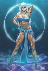 Rule 34 | 1girl, abs, anklet, arm behind head, armlet, atlantean, atlantis: the lost empire, blue eyes, breasts, crop top, dark skin, facial tattoo, hair ornament, hand on own hip, highres, jewelry, kidagakash, large breasts, loincloth, long hair, minh pham, muscular, muscular female, necklace, solo, tattoo, white hair