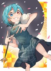 Rule 34 | 1girl, blue eyes, blue hair, checkered background, dutch angle, feet out of frame, from below, grin, heterochromia, highres, looking at viewer, petals, puffy sleeves, red eyes, shirt, short hair, short sleeves, skirt, smile, solo, suarokin, tatara kogasa, touhou, v, vest