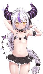 Rule 34 | 1girl, absurdres, arm behind head, arm garter, armpits, bikini, black bikini, black horns, blush, braid, braided ponytail, cocozasa, commentary request, demon girl, demon horns, flat chest, frilled bikini, frills, gluteal fold, highres, hololive, horns, la+ darknesss, long hair, looking at viewer, maid headdress, multicolored hair, open mouth, pointy ears, purple hair, simple background, sketch, smile, solo, streaked hair, striped horns, sweatdrop, swimsuit, tail, very long hair, virtual youtuber, white background, white hair, yellow eyes