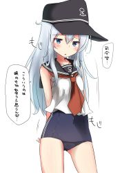 Rule 34 | 1girl, anchor symbol, black hat, black one-piece swimsuit, blue eyes, commentary request, contrapposto, covered navel, cowboy shot, flat cap, gluteal fold, hat, hibiki (kancolle), highres, kantai collection, long hair, looking at viewer, no pants, one-piece swimsuit, red neckwear, sailor collar, sailor shirt, school swimsuit, school uniform, serafuku, shirt, silver hair, simple background, sleeveless, solo, swimsuit, swimsuit under clothes, translation request, white background, yuu (alsiel)