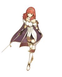 Rule 34 | 1girl, absurdres, arm guards, armor, bare shoulders, black thighhighs, breastplate, celica (fire emblem), detached collar, earrings, fingerless gloves, fire emblem, fire emblem echoes, framed breasts, full body, gloves, hair ornament, hidari (left side), highres, jewelry, nintendo, official art, red armor, red eyes, red hair, solo, sword, thighhighs, tiara, transparent background, weapon, white armor, zettai ryouiki