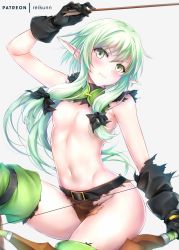 Rule 34 | 10s, 1girl, arm up, arrow (projectile), artist name, belt, black bow, blush, boots, bow, bow (weapon), breasts, convenient censoring, elf, gloves, goblin slayer!, green eyes, green hair, hair bow, hair censor, hair over breasts, hair ribbon, high elf archer (goblin slayer!), highres, holding, holding arrow, holding bow (weapon), holding weapon, long hair, looking at viewer, navel, on one knee, patreon username, pointy ears, rei kun, revision, ribbon, shorts, sidelocks, simple background, small breasts, smile, solo, stomach, thigh boots, thighhighs, torn clothes, tress ribbon, weapon