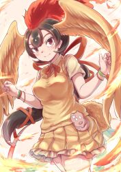 Rule 34 | 1girl, bird girl, bird tail, bird wings, black hair, bow, bowtie, cardigan, feathered wings, fire, head wings, hi no tori (kemono friends), highres, kemono friends, long hair, looking at viewer, multicolored hair, okyao, red background, red eyes, red hair, ribbon, shirt, simple background, skirt, solo, tail, two-tone hair, wings