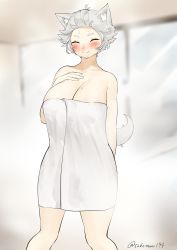 Rule 34 | 1girl, absurdres, ahoge, animal ears, artist name, blush, breasts, closed mouth, closed eyes, forehead, highres, indoors, inubashiri momiji, large breasts, onsen, short hair, smile, solo, tail, take (take143000), touhou, towel, white hair, wolf ears, wolf girl, wolf tail