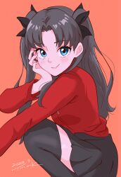 Rule 34 | 1girl, absurdres, aqua eyes, black bow, black hair, black skirt, black thighhighs, bow, closed mouth, fate/stay night, fate (series), hair bow, head rest, highres, long hair, long sleeves, looking at viewer, miniskirt, orange background, pink nails, red shirt, shirt, simple background, skirt, smile, solo, squatting, thighhighs, tohsaka rin, tsunemoku, two side up, zettai ryouiki