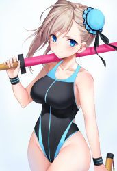 Rule 34 | 1girl, absurdres, asymmetrical hair, bad id, bad pixiv id, bare shoulders, black one-piece swimsuit, blue eyes, blue one-piece swimsuit, blush, breasts, bun cover, collarbone, commentary request, competition swimsuit, fate/grand order, fate (series), hair between eyes, hair bun, highres, holding, ishida umi, large breasts, long hair, looking at viewer, miyamoto musashi (fate), miyamoto musashi (fate/grand order), miyamoto musashi (swimsuit berserker) (fate), miyamoto musashi (swimsuit berserker) (first ascension) (fate), one-piece swimsuit, pink hair, single hair bun, smile, solo, swimsuit