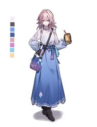 Rule 34 | 1girl, adapted costume, bag, belt, black footwear, black gloves, blue eyes, bubble tea, camera, casual, closed mouth, color guide, commentary, drink, earrings, english commentary, full body, gloves, high belt, high heels, highres, holding, holding drink, honkai: star rail, honkai (series), jewelry, long skirt, long sleeves, march 7th (honkai: star rail), medium hair, pink eyes, pink hair, shiroi ou, shoulder bag, single earring, skirt, smile, solo, two-tone eyes