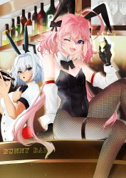Rule 34 | 1boy, 1girl, absurdres, ahoge, animal ears, astolfo (fate), astolfo (saber) (fate), bar (place), bare shoulders, black bow, black gloves, black leotard, black neckwear, black ribbon, blue eyes, blush, bottle, bow, bowtie, breasts, brown pantyhose, buttons, caenis (fate), champagne flute, cocktail shaker, covered navel, cup, dark skin, detached collar, detached sleeves, drinking glass, fake animal ears, fang, fate/apocrypha, fate/grand order, fate (series), fishnet pantyhose, fishnets, gloves, hair intakes, highleg, highleg leotard, highres, large breasts, leotard, long hair, looking at viewer, low twintails, male playboy bunny, multicolored hair, one eye closed, open mouth, pantyhose, phanta, pink hair, playboy bunny, rabbit ears, red pantyhose, ribbon, sitting, skin fang, smile, sparkle, streaked hair, thighs, trap, twintails, white hair, white leotard, wine bottle