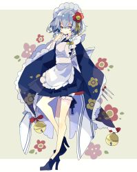Rule 34 | 1girl, apron, bell, black legwear, black skirt, blue eyes, bow, braid, collar, commentary, flower, frilled collar, frilled sleeves, frills, full body, grey hair, hair between eyes, hair flower, hair ornament, hand on own chin, high heels, highres, holding, holding knife, izayoi sakuya, knife, long sleeves, looking at viewer, maid apron, maid headdress, nikorashi-ka, one-hour drawing challenge, ribbon, short hair, skirt, smile, solo, standing, standing on one leg, touhou, waist bow, white apron, white bow, white headwear, wide sleeves, yellow ribbon