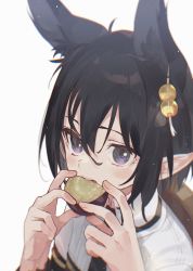 Rule 34 | 1girl, animal ears, black hair, commentary request, eating, extra ears, food, hair between eyes, hair ornament, holding, holding food, looking at viewer, narumi arata, open mouth, original, pointy ears, purple eyes, short hair, sidelocks, simple background, solo, upper body, white background
