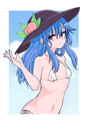 Rule 34 | 1girl, bare arms, bare shoulders, bikini, black headwear, blue hair, blue nails, blue sky, border, breasts, cloud, collarbone, commentary request, criss-cross halter, day, food, fruit, groin, hair between eyes, halterneck, hand up, hinanawi tenshi, kani, leaf, long hair, looking at viewer, nail polish, navel, outdoors, outside border, peach, red eyes, side-tie bikini bottom, sidelocks, sky, small breasts, solo, stomach, swimsuit, touhou, upper body, white bikini, white border