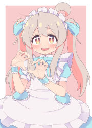 Rule 34 | 1girl, :d, ahoge, alternate costume, alternate hairstyle, blue bow, blue bowtie, blue ribbon, blush, bow, bowtie, brown eyes, commentary request, enmaided, frilled cuffs, frills, grey hair, hair between eyes, hair ribbon, heart, heart hands, highres, long hair, looking at viewer, maid, maid headdress, multicolored hair, onii-chan wa oshimai!, open mouth, oyama mahiro, pink background, pink hair, puffy short sleeves, puffy sleeves, ribbon, rundraw, short sleeves, simple background, smile, solo, twintails, two-tone hair, wrist cuffs