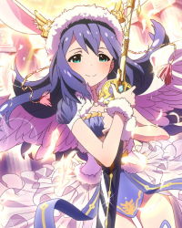 Rule 34 | 10s, 1girl, angel wings, animal ears, aqua eyes, artist request, blue hair, rabbit ears, heart, idolmaster, idolmaster million live!, long hair, looking at viewer, mochizuki anna, musical note, official art, smile, solo, sword, weapon, wings